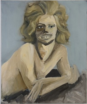 A portrait by Lynette Yiadom-Boakye, 'The Signifying Donkey's Feat,' from 2003 - also at the Studio Museum. Her paintings can be garishly humorous.